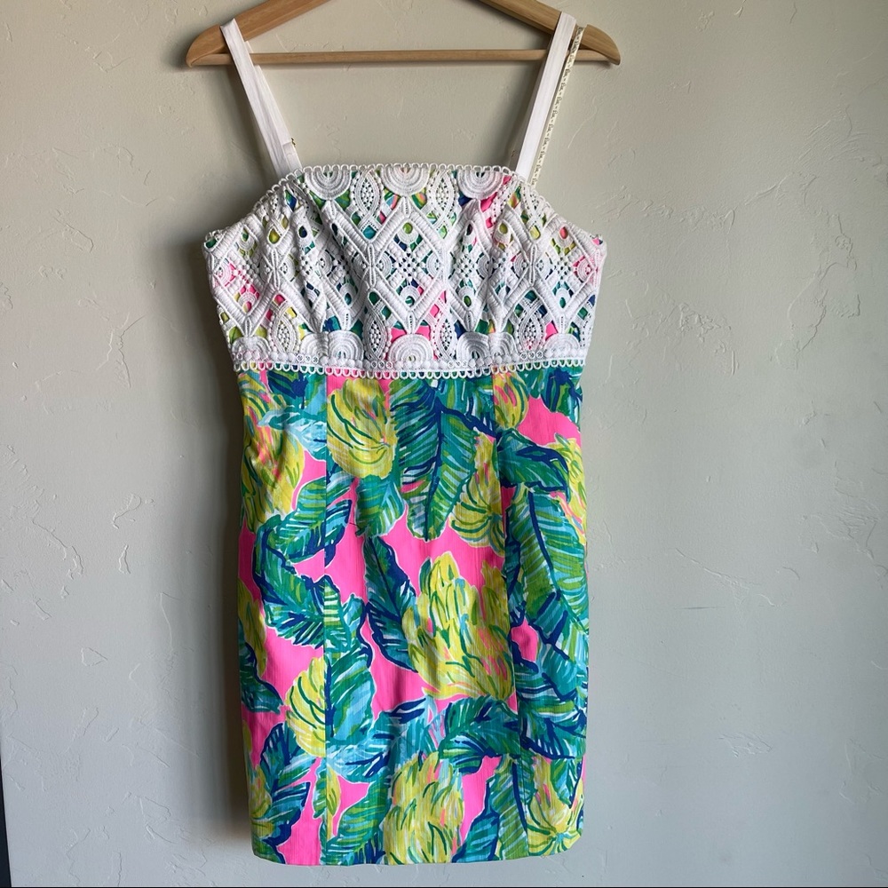 Lily Pulitzer Painted Palms Print Dress with Crochet Overlay Mini Dress